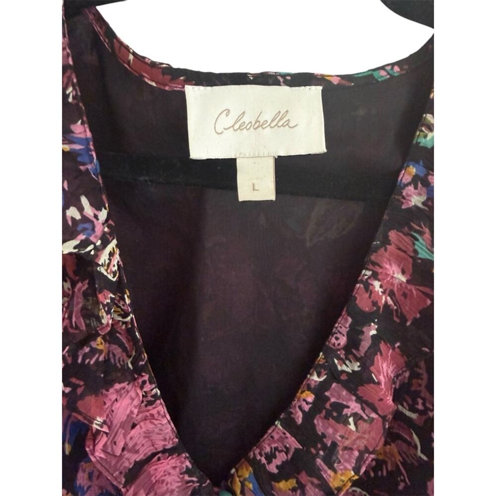 Cleobella Floral Boho Mini Dress Pink Black Sheer Sleeve Tie Waist L - Picture 2 of 7